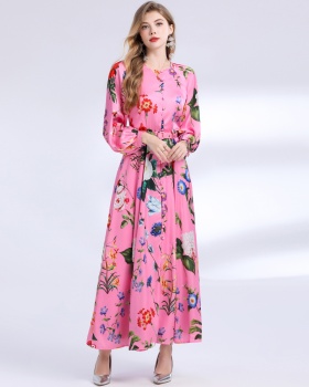 Single-breasted big skirt printing dress for women