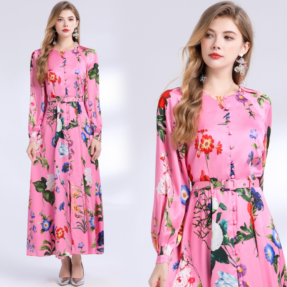 Single-breasted big skirt printing dress for women