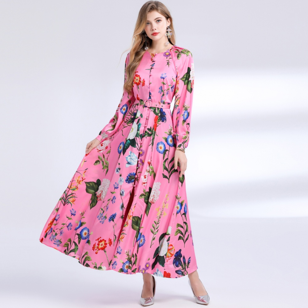 Single-breasted big skirt printing dress for women