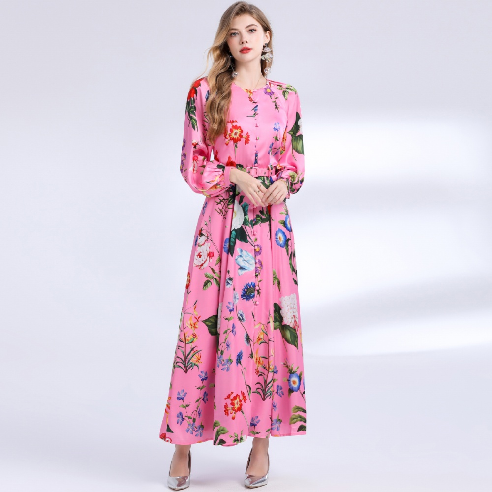 Single-breasted big skirt printing dress for women