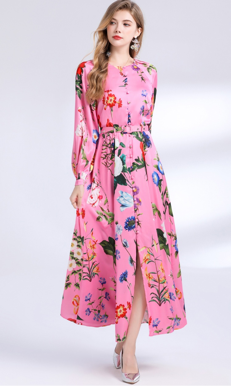 Single-breasted big skirt printing dress for women