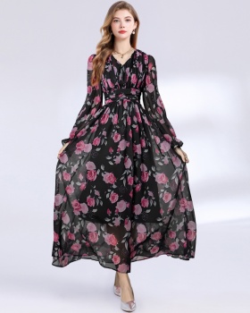 Chiffon elegant printing big skirt long sleeve dress