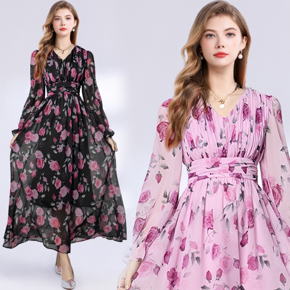 Chiffon elegant printing big skirt long sleeve dress