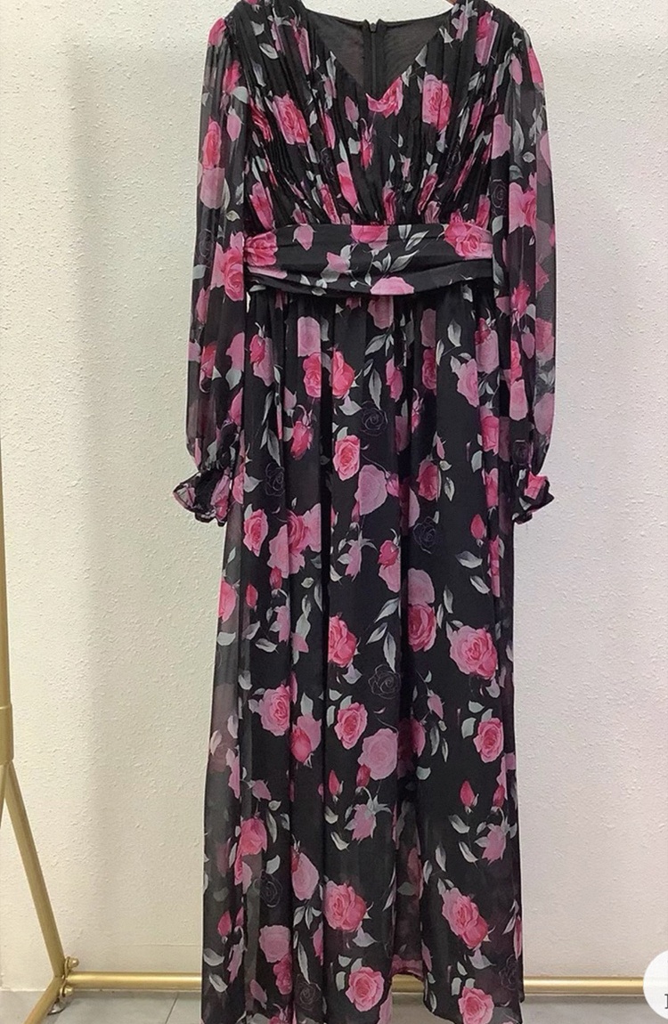 Chiffon elegant printing big skirt long sleeve dress