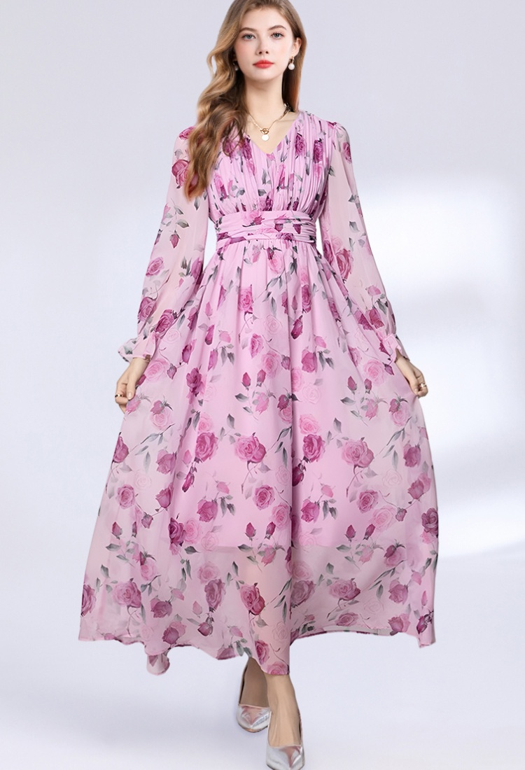 Chiffon elegant printing big skirt long sleeve dress
