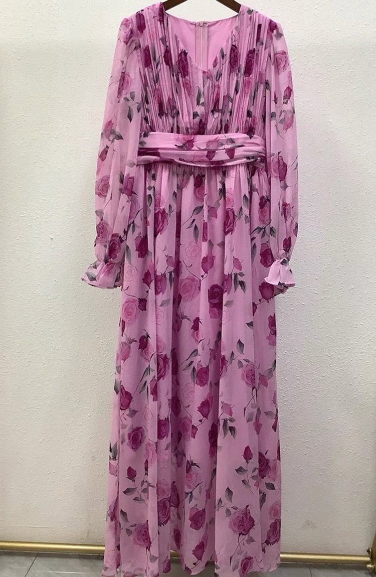 Chiffon elegant printing big skirt long sleeve dress
