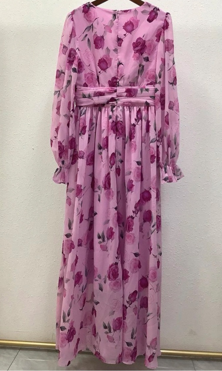 Chiffon elegant printing big skirt long sleeve dress