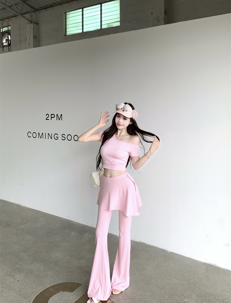 Package hip high waist skirt sloping shoulder slim T-shirt a set