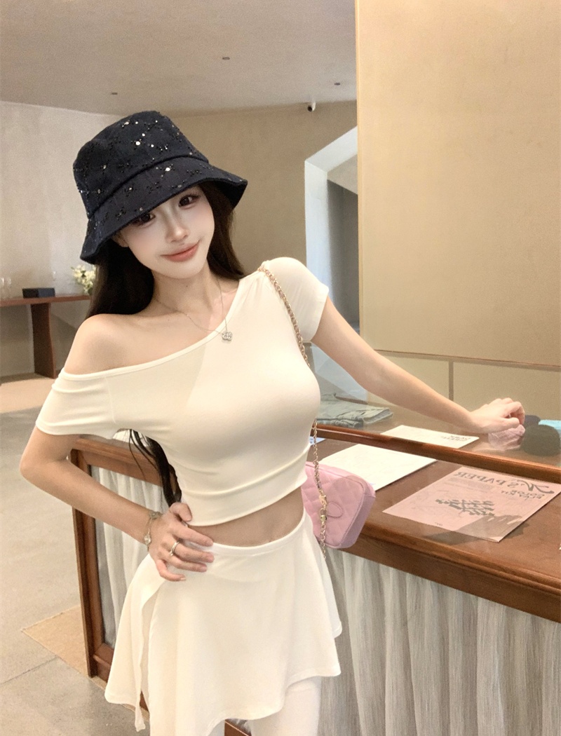 Package hip high waist skirt sloping shoulder slim T-shirt a set
