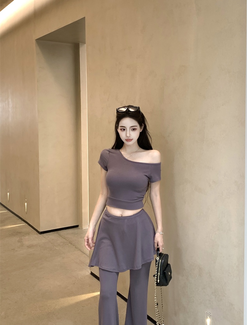 Package hip high waist skirt sloping shoulder slim T-shirt a set
