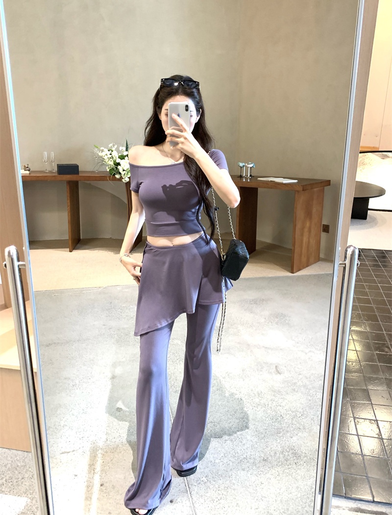 Package hip high waist skirt sloping shoulder slim T-shirt a set