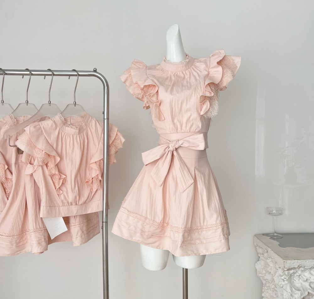 Boats sleeve pink skirt lace cotton tops a set