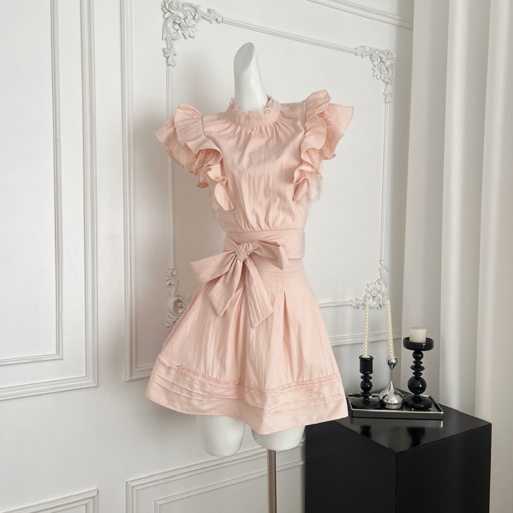 Boats sleeve pink skirt lace cotton tops a set