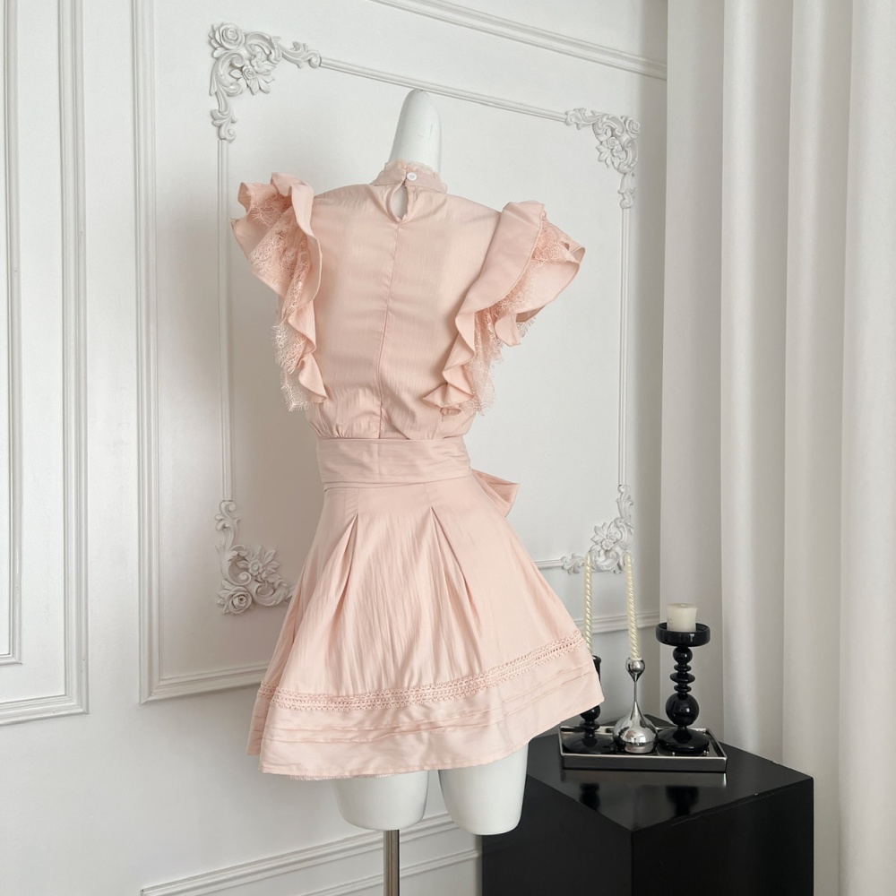 Boats sleeve pink skirt lace cotton tops a set