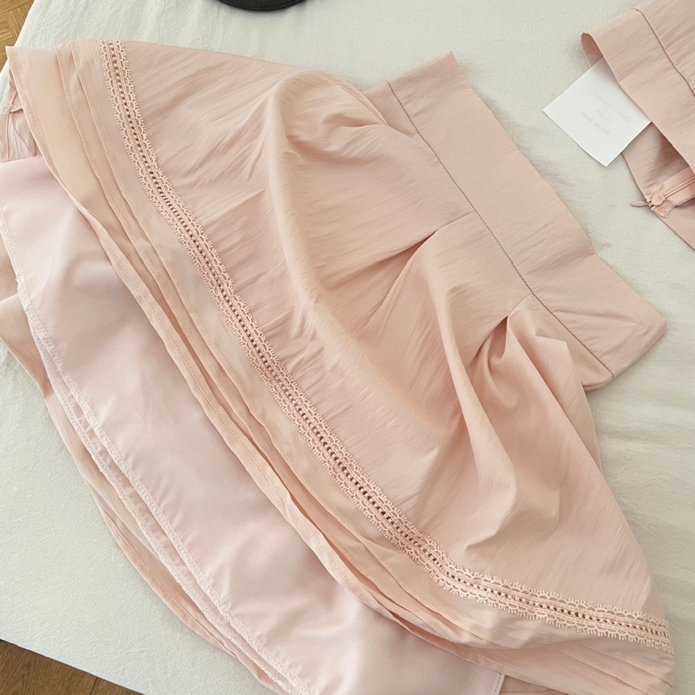 Boats sleeve pink skirt lace cotton tops a set