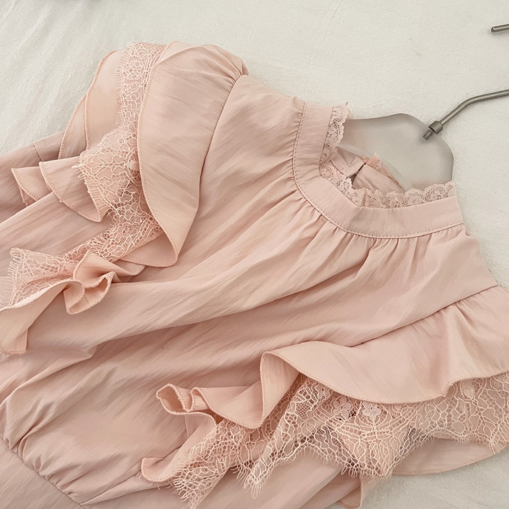Boats sleeve pink skirt lace cotton tops a set