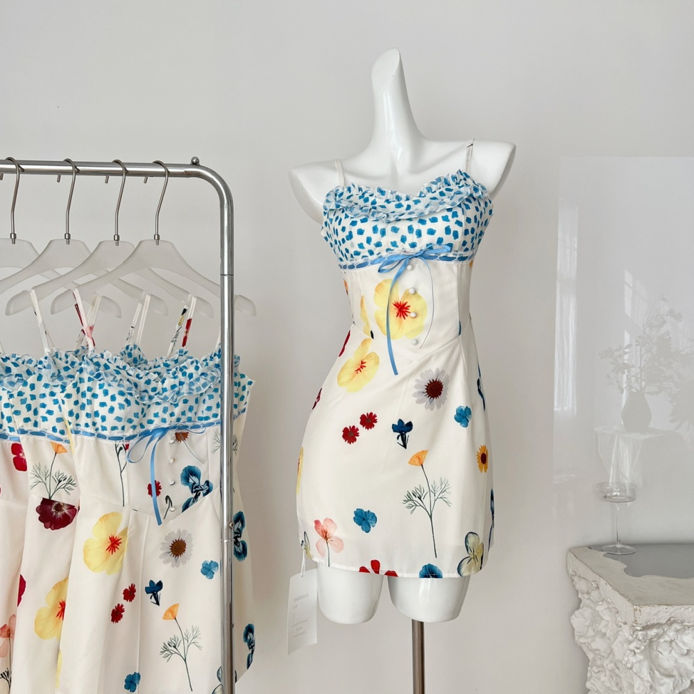 Floral sling slim dress summer A-line pinched waist T-back