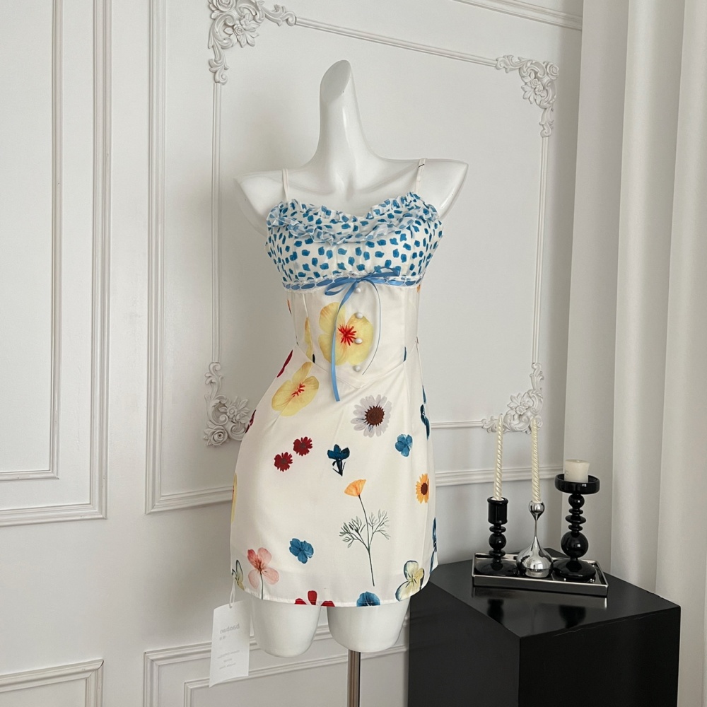 Floral sling slim dress summer A-line pinched waist T-back