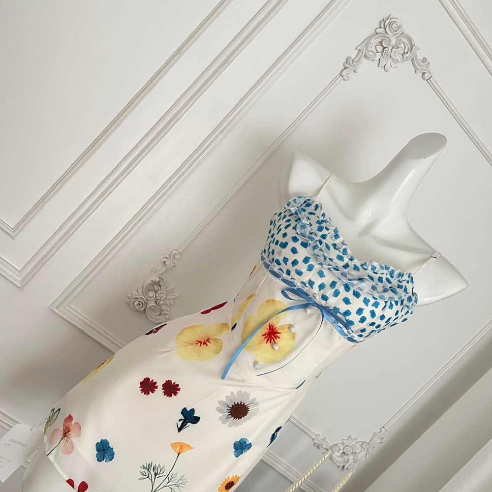 Floral sling slim dress summer A-line pinched waist T-back