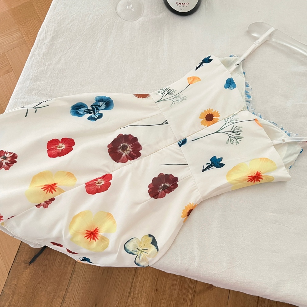 Floral sling slim dress summer A-line pinched waist T-back
