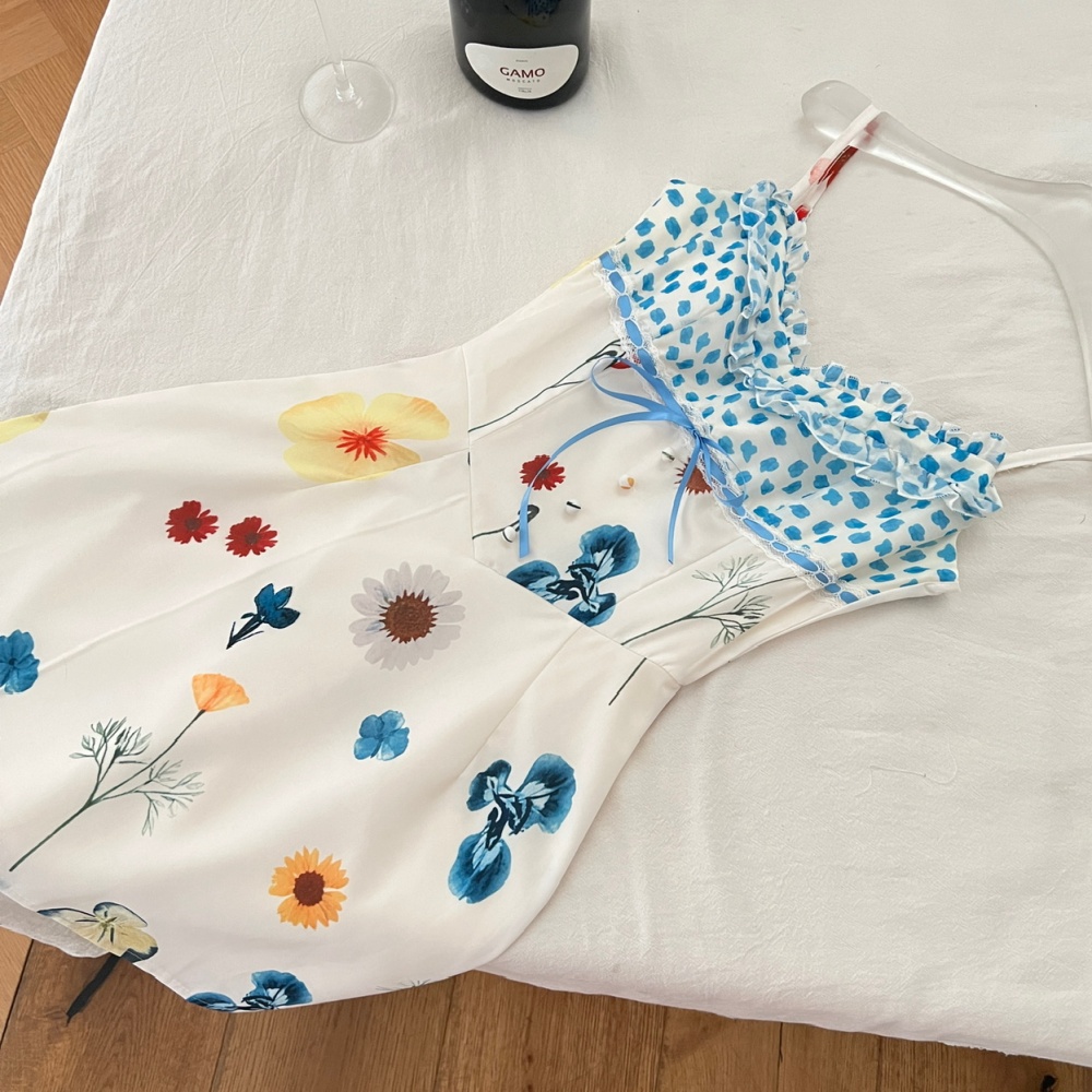Floral sling slim dress summer A-line pinched waist T-back