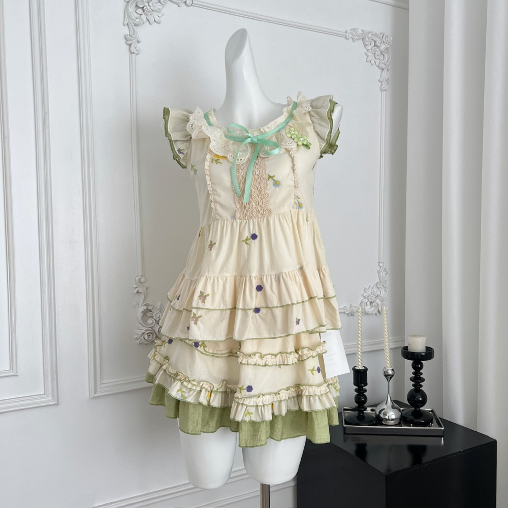 Embroidery unique flowers skirt lace summer tops a set