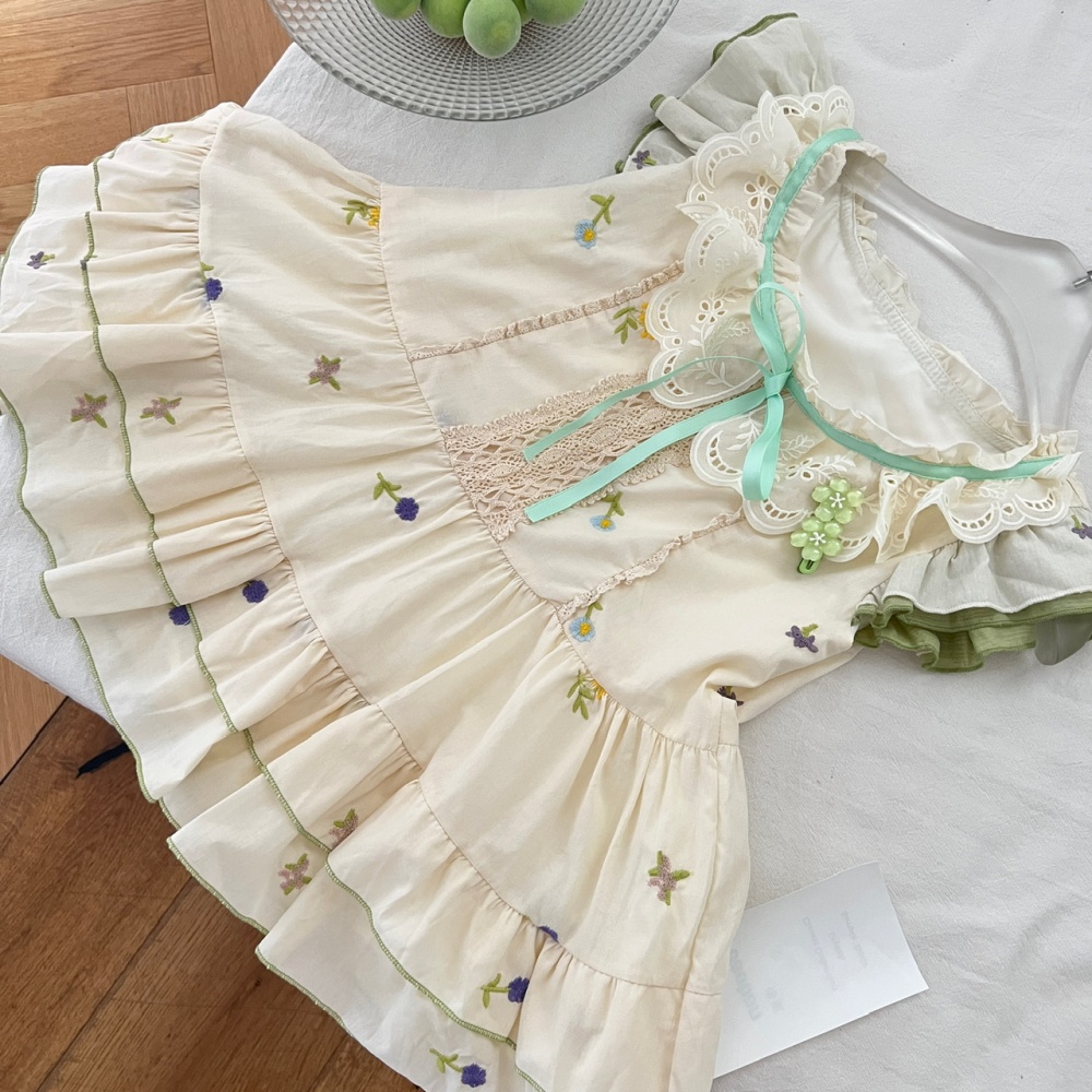 Embroidery unique flowers skirt lace summer tops a set