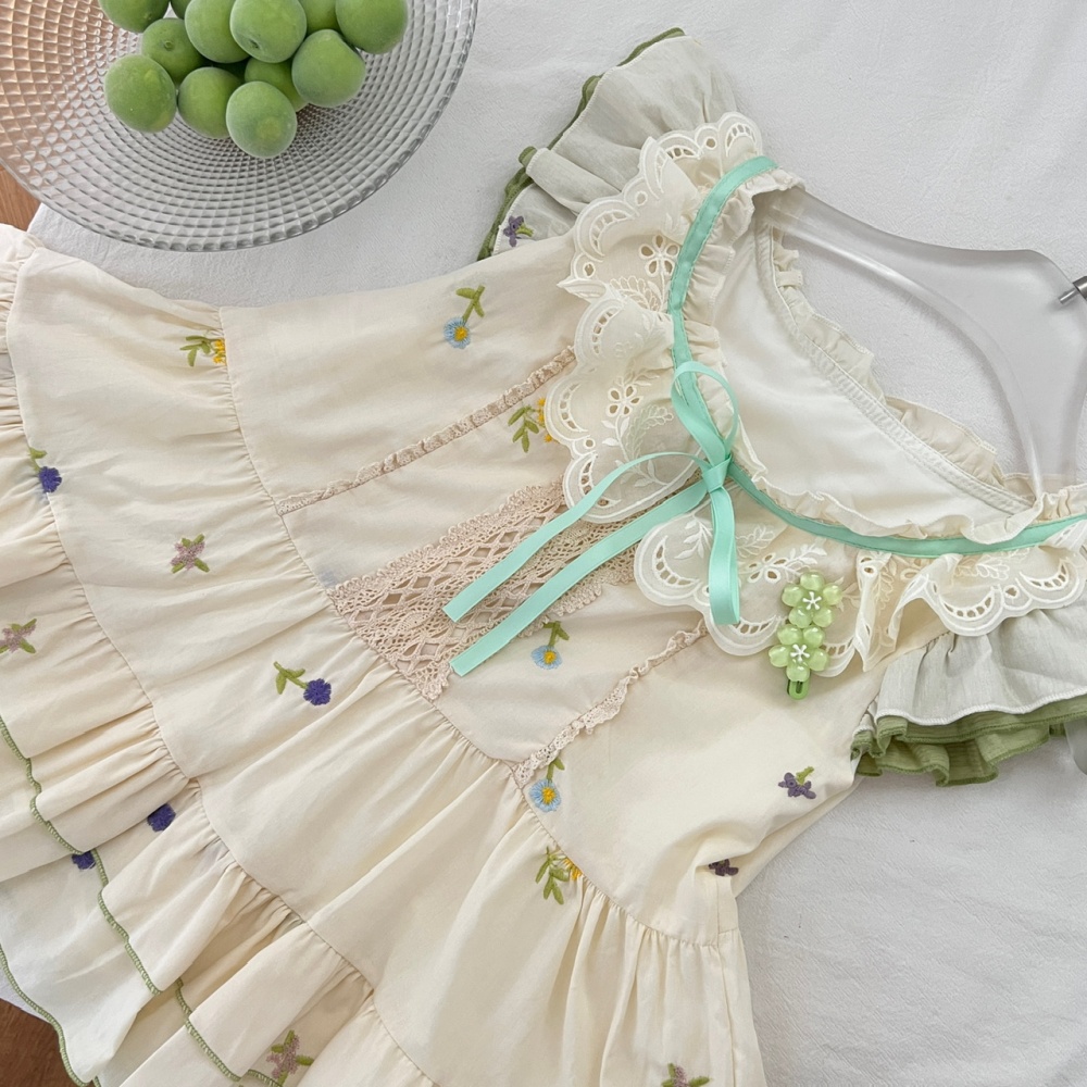 Embroidery unique flowers skirt lace summer tops a set