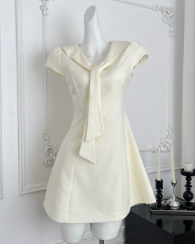 Navy collar summer slim pinched waist dress