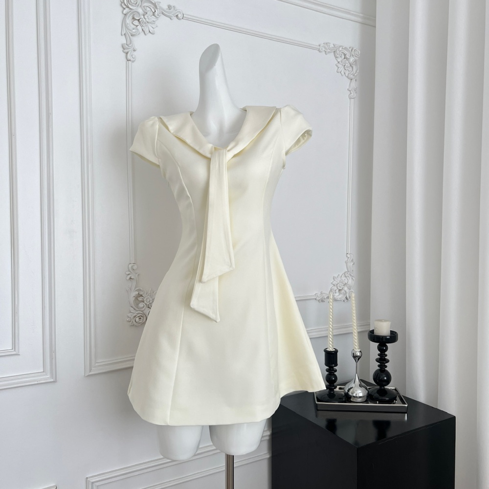 Navy collar summer slim pinched waist dress