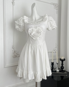 Bow cotton puff sleeve wood ear dress
