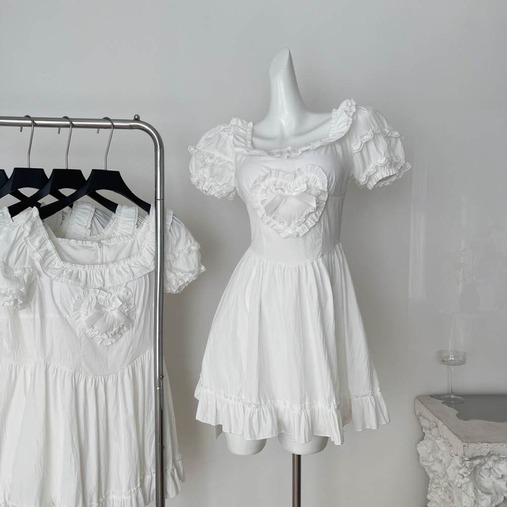 Bow cotton puff sleeve wood ear dress