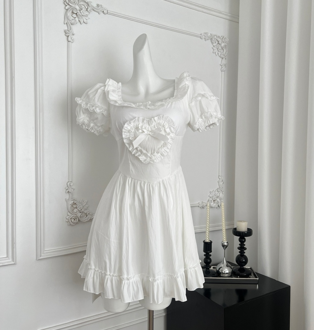 Bow cotton puff sleeve wood ear dress