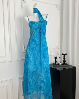 France style chiffon blue sling dress