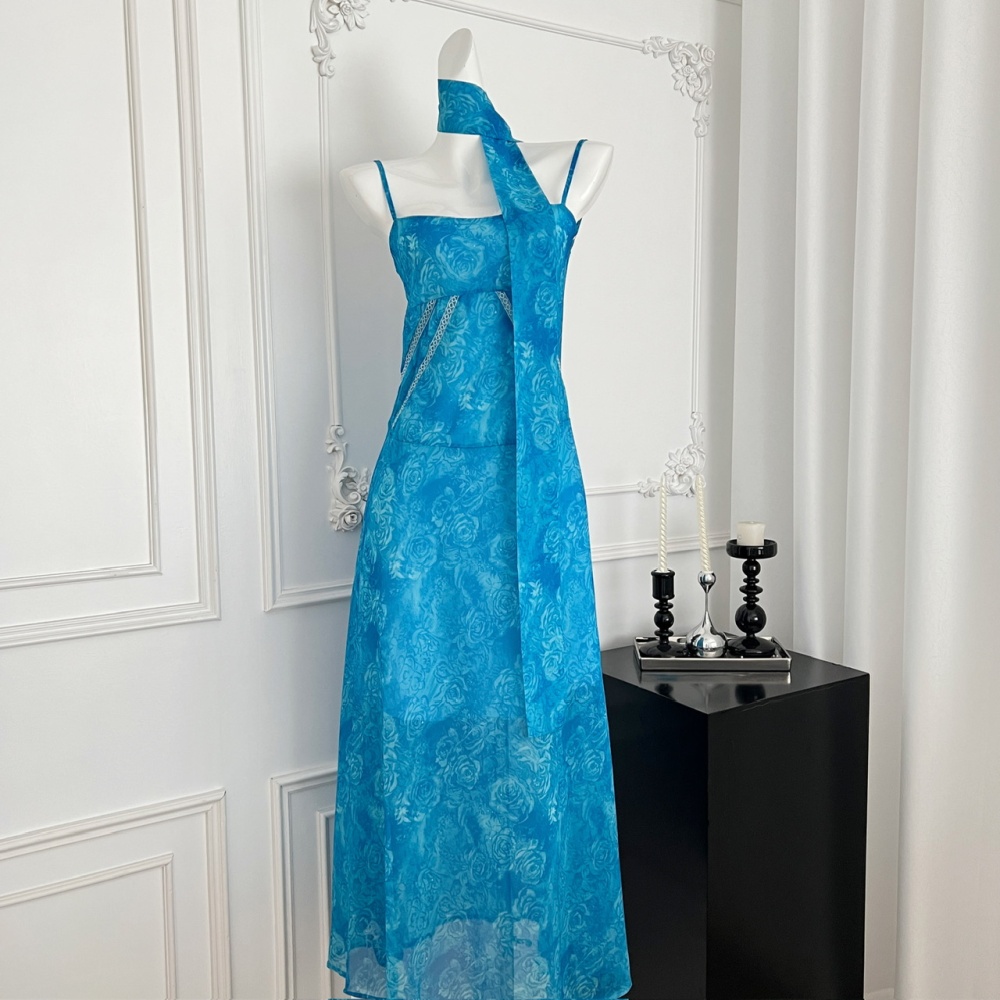 France style chiffon blue sling dress