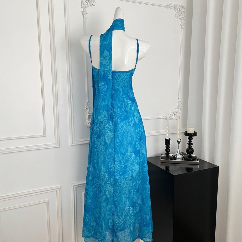 France style chiffon blue sling dress
