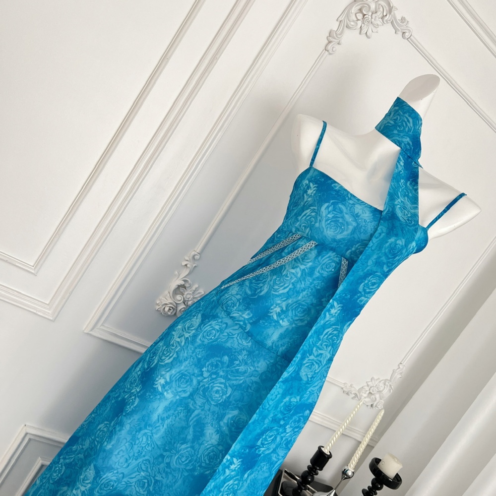 France style chiffon blue sling dress