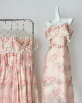 Flat shoulder floral dress sling long dress