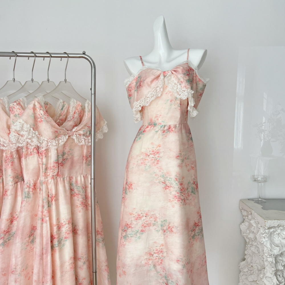Flat shoulder floral dress sling long dress