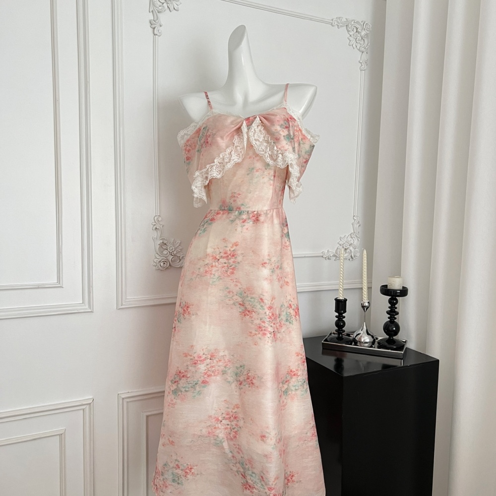 Flat shoulder floral dress sling long dress
