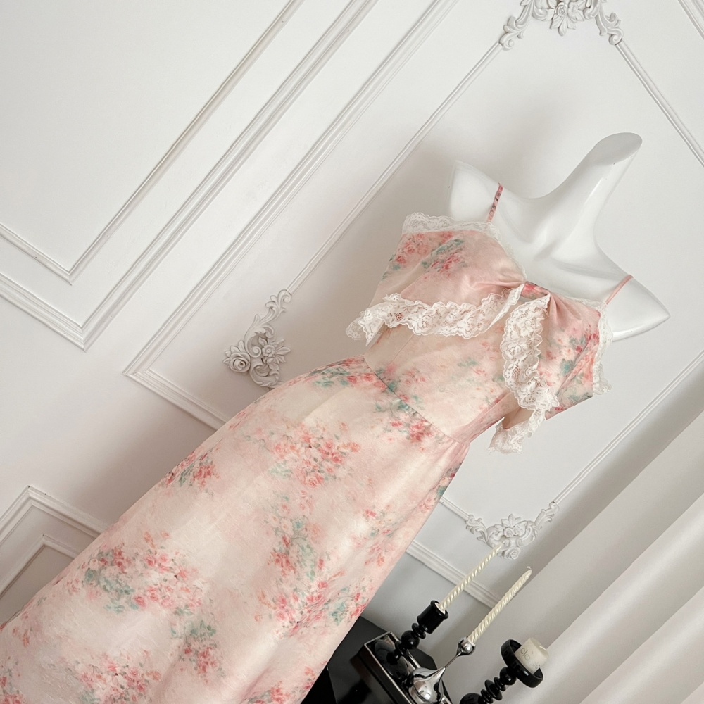Flat shoulder floral dress sling long dress