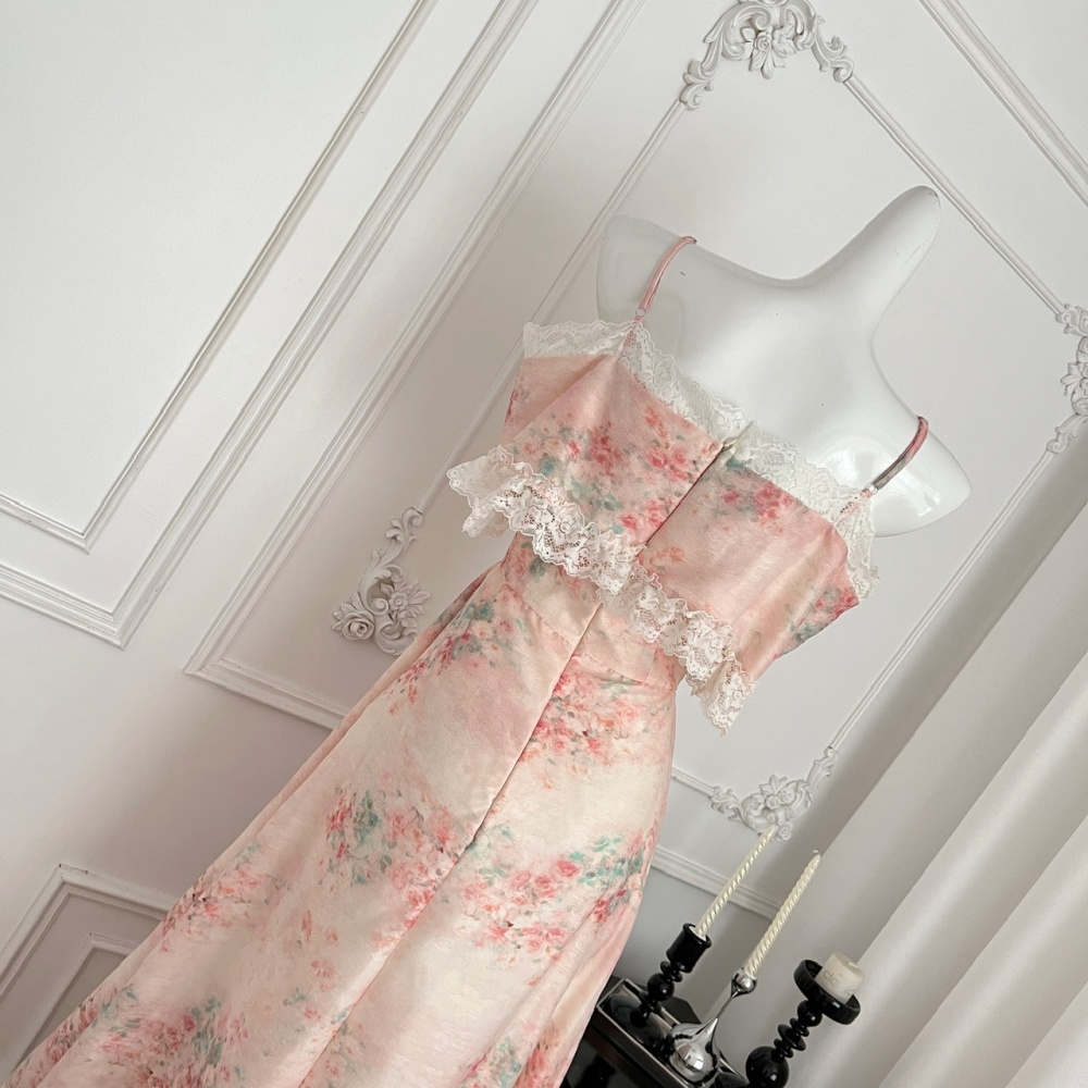 Flat shoulder floral dress sling long dress