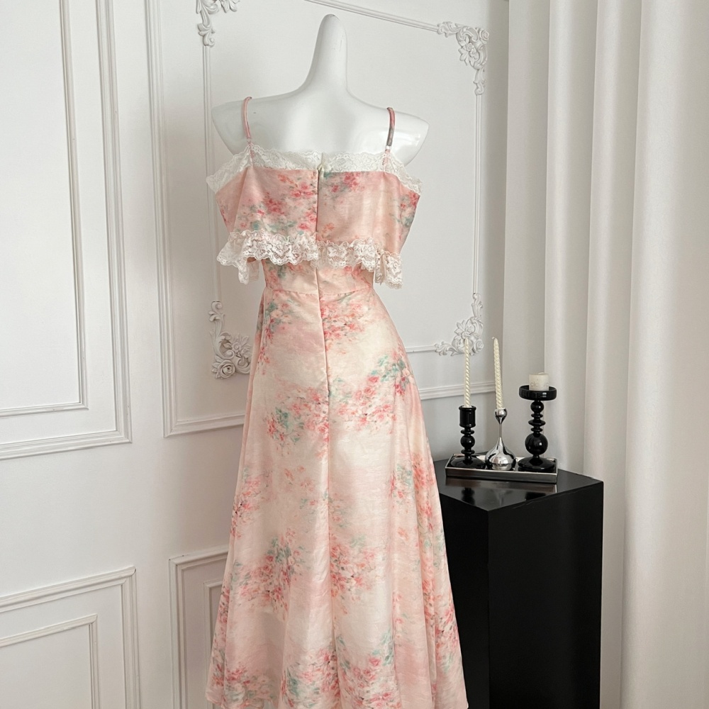 Flat shoulder floral dress sling long dress