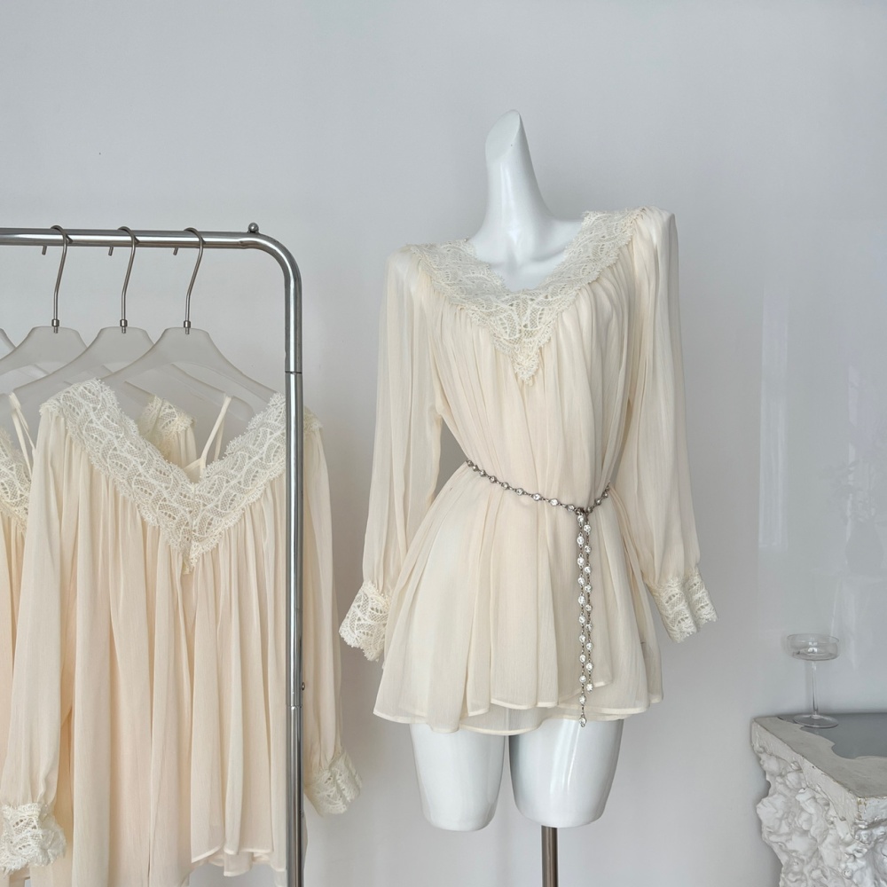 White sexy summer T-back pinched waist France style dress