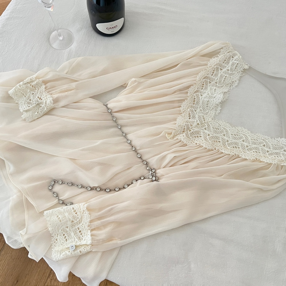 White sexy summer T-back pinched waist France style dress