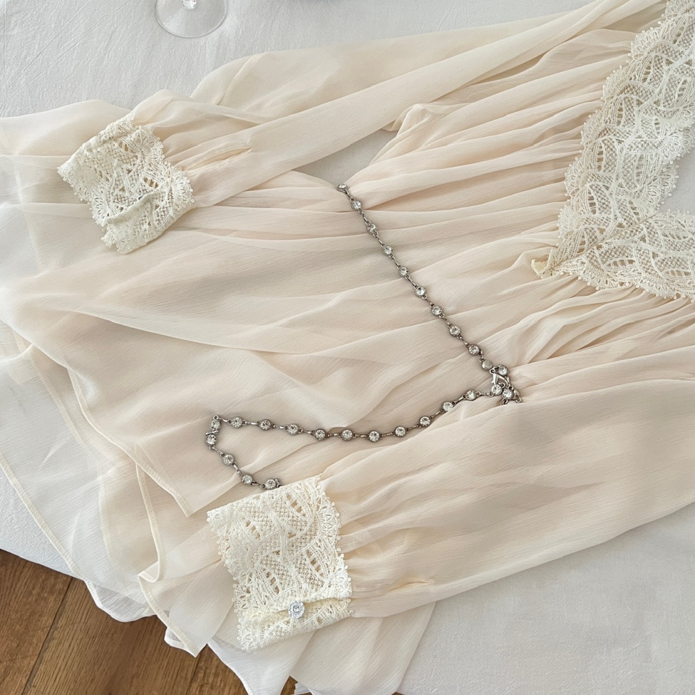White sexy summer T-back pinched waist France style dress