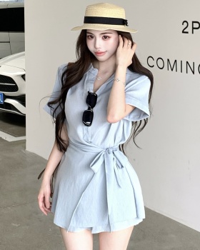Slim high waist shorts commuting lapel shirt 2pcs set