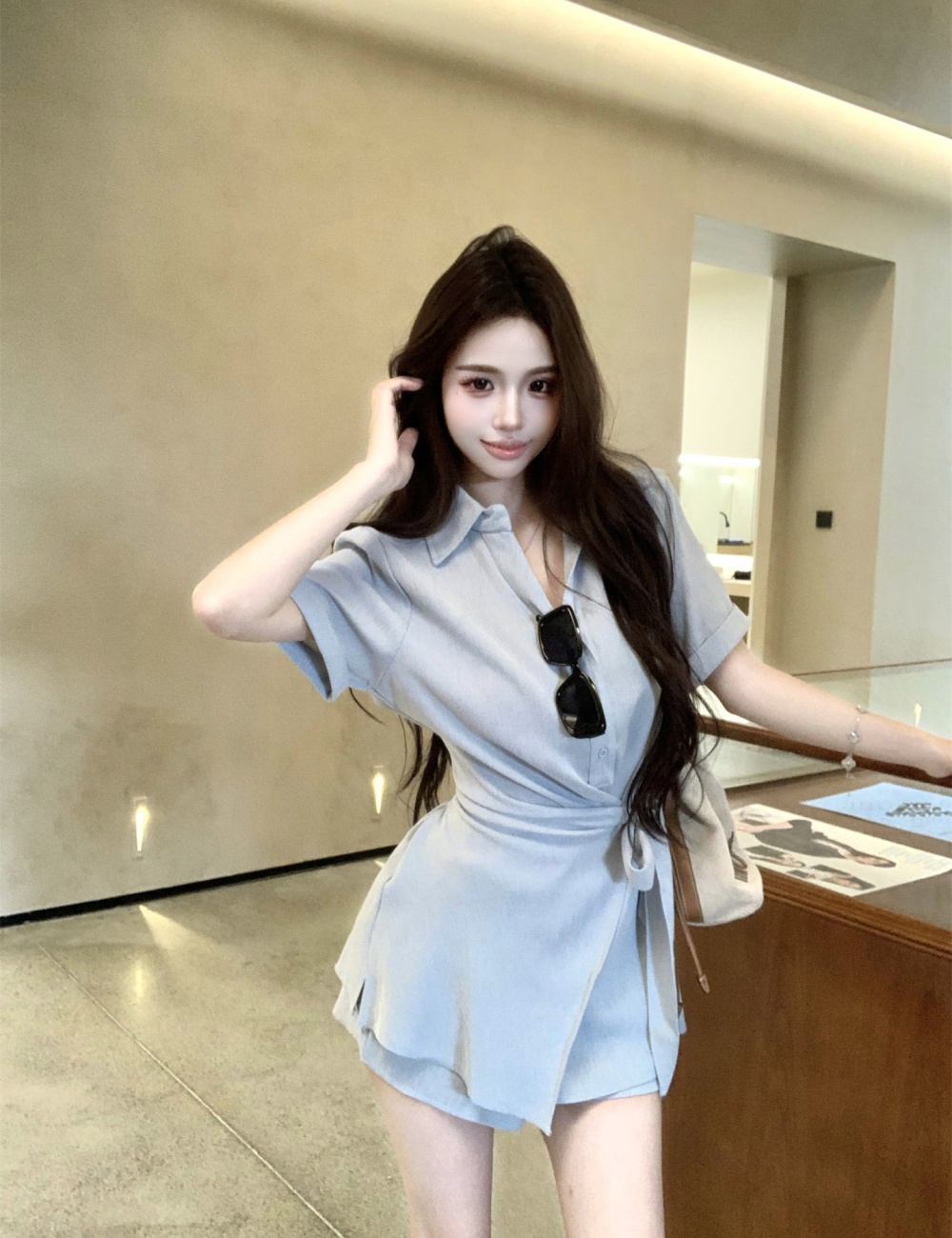 Slim high waist shorts commuting lapel shirt 2pcs set