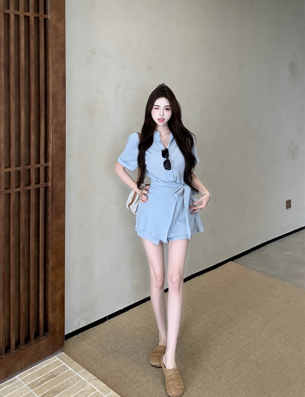 Slim high waist shorts commuting lapel shirt 2pcs set