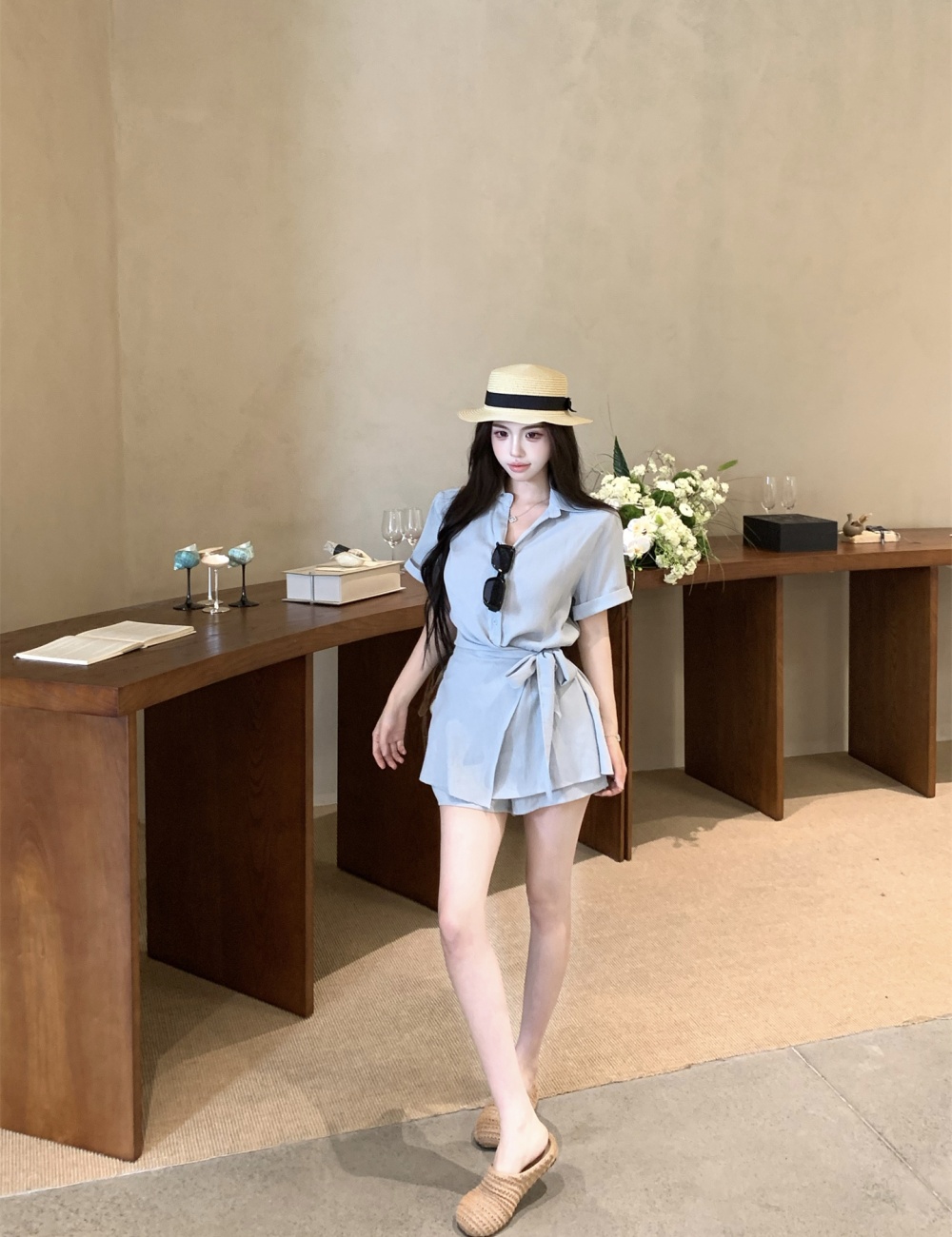 Slim high waist shorts commuting lapel shirt 2pcs set